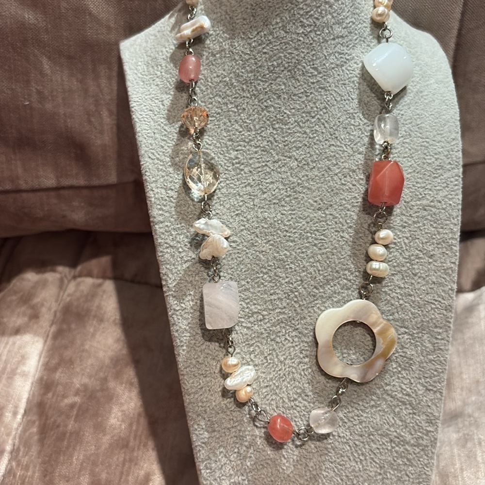 Premier Designs Red and Cream Necklace with Beaded Elegance 34”